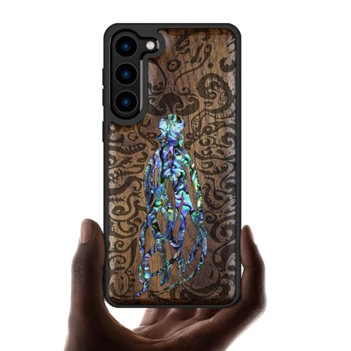 Carveit Handyhülle für Galaxy S23 Case [Holzgravur & Muschel Inlay] Einzigartiges Kunstwerk handyhulle Kompatibel mit Samsung S23 Hull Cover（Nussbaum-Cephalopod's Nocturne） von Carveit