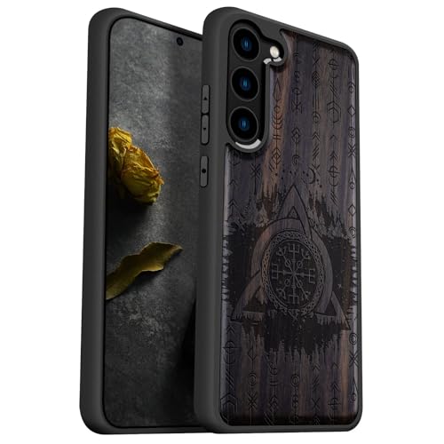 Carveit Handyhülle für Galaxy S23 Plus Case [Holz und TPU Silikon Hybrid hülle] handyhulle Kompatibel mit Samsung S23 Plus Hull Cover（Dunklesholz-Keltischer und Helm der Ehrfurcht） von Carveit