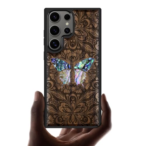 Carveit Handyhülle für Galaxy S25 Ultra Case [Holzgravur & Muschel Inlay] Einzigartiges Kunstwerk handyhulle Kompatibel mit Samsung S25 Ultra Hull Cover（Nussbaum-Barockschmetterling） von Carveit