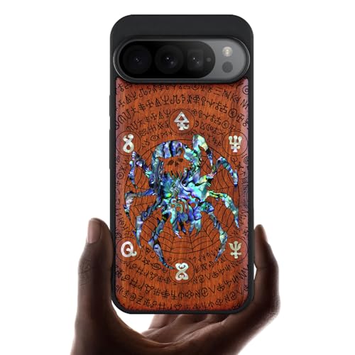 Carveit Handyhülle für Google Pixel 9 Pro hülle Luxus Case [Holzgravur & Muschel Inlay] Stoßfeste Stoßstange handyhulle Kompatibel mit Pixel 9 Pro Cover（Rosig-Spinne inmitten Runen） von Carveit