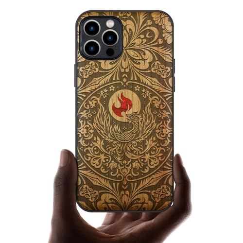 Carveit Handyhülle für iPhone 12 Pro Max Cover Holz Case kompatibel MagSafe [Holzgravur & Muschel Inlay] Magnetisch für Apple 12 Pro Max Handyhulle Silikon TPU（Kirschholz-Phoenix in Symmetrie） von Carveit