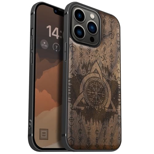 Carveit Handyhülle für iPhone 13 Pro Cover kompatibel MagSafe [Holz und TPU Silikon Hybrid hülle] Magnetisch Case für Apple 13 Pro hulle Holzdesign（Nussbaum-Keltischer und Helm der Ehrfurcht） von Carveit