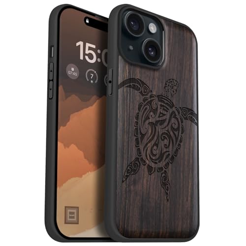 Carveit Handyhülle für iPhone 15 Cover kompatibel MagSafe [Holz und TPU Silikon Hybrid hülle] Magnetisch Case für Apple 15 hulle（Dunklesholz-Schildkrötendesign im Maori Stil） von Carveit