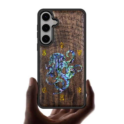 Carveit Handyhulle für Galaxy S25 Plus Cover [Holzgravur & Muschel Inlay] Luxus und Persönlichkeit handyhülle Kompatibel mit Samsung S25 Plus Case（Nussbaum-Oktopus und achteckiger Stern） von Carveit