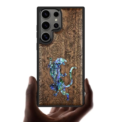 Carveit Handyhulle für Galaxy S25 Ultra Cover [Holzgravur & Muschel Inlay] Luxus und Persönlichkeit handyhülle Kompatibel mit Samsung S25 Ultra Case（Nussbaum-EIN Tiger inmitten von Blumen） von Carveit