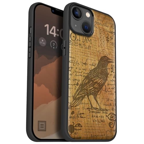 Carveit Holz Cover für iPhone 14 Plus Handyhulle kompatibel MagSafe Massivholz für Apple 14 Plus Handyhülle Stoßstange Weich TPU hulle（Kirschholz-Raven Drehbuch） von Carveit