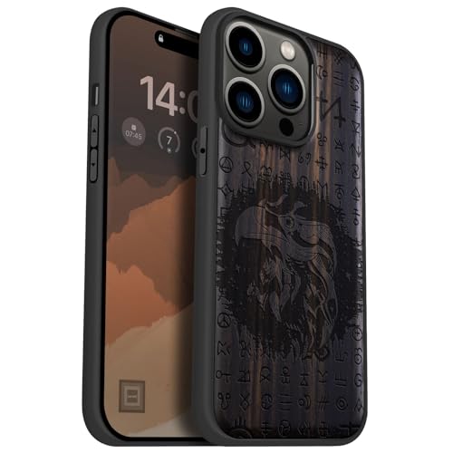 Carveit Holz Cover für iPhone 14 Pro Handyhulle kompatibel MagSafe Massivholz für Apple 14 Pro Handyhülle Stoßstange Weich TPU hulle（Dunklesholz-Nacht Falcon） von Carveit