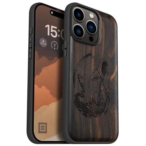 Carveit Holz Cover für iPhone 15 Pro Max Handyhulle kompatibel mit MagSafe Massivholz für Apple 15 pro max Handyhülle Stoßstange Weich TPU hulle（Dunklesholz-Der Sensenmut） von Carveit