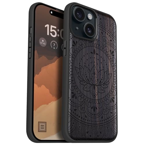 Carveit Holz Cover für iPhone 15 hülle, Handyhülle kompatibel MagSafe Silikon Stoßfeste Case, Magnetisch hull für Apple 15 Handyhulle（Dunklesholz-Lotus Mandala Essenz） von Carveit