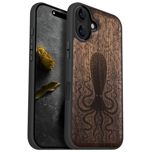 Carveit Holz Cover für iPhone 16 Plus Handyhulle kompatibel MagSafe Massivholz für Apple 16 Plus Handyhülle Stoßstange Weich TPU hulle（Nussbaum-Blumenkrake） von Carveit