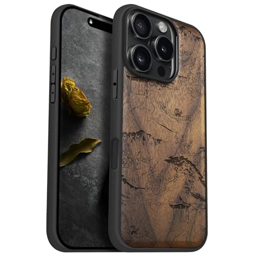 Carveit Holz Cover für iPhone 16 Pro Handyhulle kompatibel MagSafe Massivholz für Apple 16 Pro Handyhülle Stoßstange Weich TPU hulle（Nussbaum-Eine faszinierende Landschaft） von Carveit