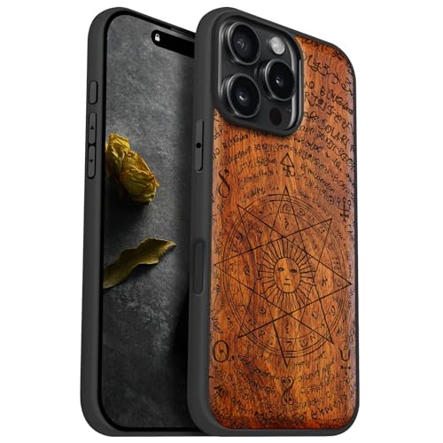 Carveit Holz Cover für iPhone 16 Pro Max Handyhulle kompatibel MagSafe Massivholz für Apple 16 pro max Handyhülle Stoßstange Weich TPU hulle（Rosig-Die Sonne der Alten Handschrift） von Carveit