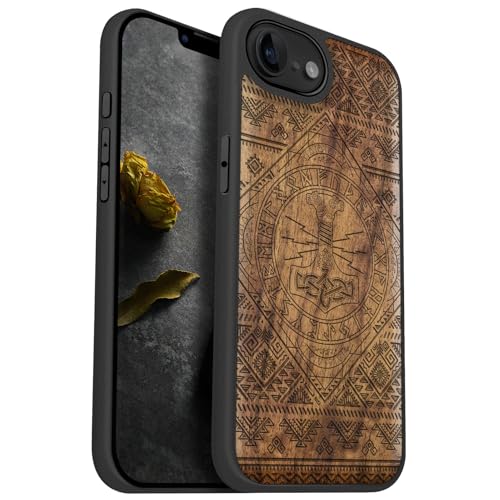 Carveit Holz Cover für iPhone 16e Handyhulle kompatibel MagSafe Massivholz für Apple 16e Handyhülle Stoßstange Weich TPU hulle（Nussbaum-Mjöllnir） von Carveit