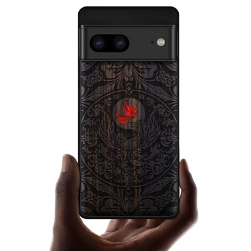 Carveit Holz Handyhülle für Google Pixel 7 Cover [Holzgravur & Muschel Inlay] Stoßstange hülle Kompatibel mit Pixel 7 Handyhulle Holzdesign Meisterwerk（Dunklesholz-Phoenix in Symmetrie） von Carveit