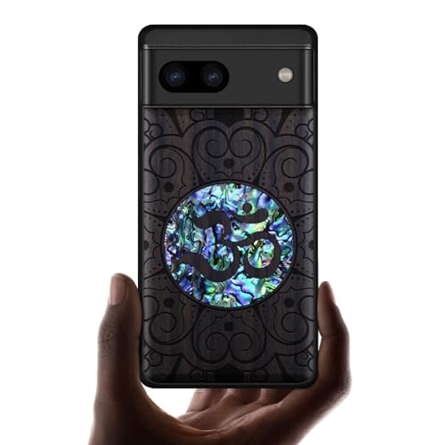 Carveit Holz Handyhülle für Google Pixel 8a Cover [Holzgravur & Muschel Inlay] Stoßstange hülle Kompatibel mit Pixel 8a Handyhulle Holzdesign Meisterwerk（Dunklesholz-Ewiger Om Mandala） von Carveit