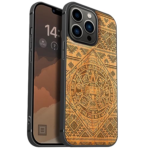 Carveit Holz Handyhülle für iPhone 13 Pro hülle, Kompatibel mit Magsafe Silikon Stoßfeste Cover, Magnetisch Hull für Apple 13 Pro Case（Kirschholz-Der Aztekische Kalender） von Carveit