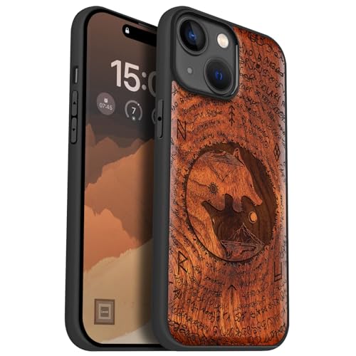 Carveit Holz Handyhülle für iPhone 15 Handyhulle kompatibel mit MagSafe Massivholz für Apple 15 Handyhülle Stoßfeste Stoßstange Weich TPU hulle（Rosig-Wolf der Sonne und Mond） von Carveit