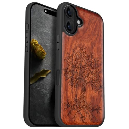 Carveit Holz Handyhülle für iPhone 16 Plus Cover kompatibel MagSafe [Holz und TPU Silikon Hybrid hülle] Magnetisch Case für Apple 16 Plus hulle（Rosig-Feenbaumlinie Kunst） von Carveit