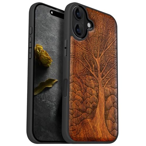 Carveit Holz Handyhülle für iPhone 16 Plus Cover kompatibel MagSafe [Holz und TPU Silikon Hybrid hülle] Magnetisch Case für Apple 16 Plus hulle（Rosig-Lino -Druckbaum） von Carveit