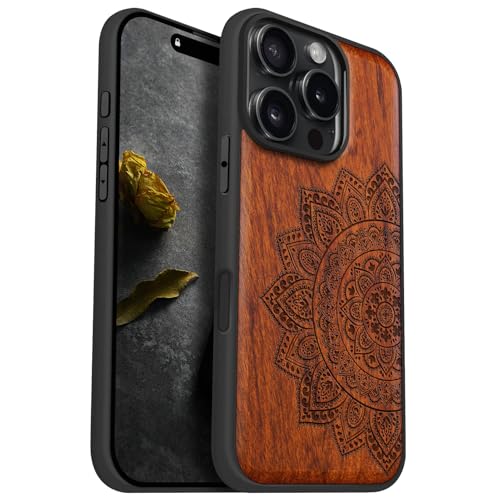 Carveit Holz Handyhülle für iPhone 16 Pro Cover kompatibel MagSafe [Holz und TPU Silikon Hybrid hülle] Magnetisch Case für Apple 16 Pro hulle（Rosig-Blumen-Mandala） von Carveit