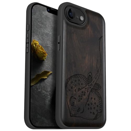 Carveit Holz Handyhülle für iPhone 16e Cover kompatibel MagSafe [Holz und TPU Silikon Hybrid hülle] Magnetisch Case für Apple 16e hulle（Dunklesholz-Stingrays） von Carveit