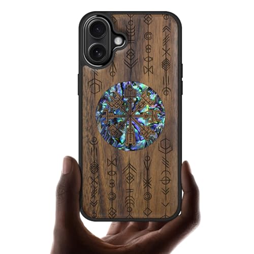 Carveit Holz Magnetisch Handyhülle für iPhone 16 Plus hülle [Holzgravur & Muschel Inlay] Stoßstange Cover kompatibel Magsafe mit Apple 16 Plus Case（Nussbaum-Echos von Wikinger） von Carveit