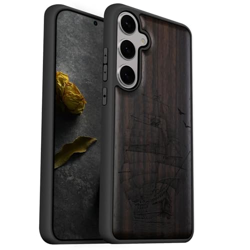 Carveit Hülle für Galaxy S25 Plus handyhülle aus Holz Cover, Stoßstange Stoßfeste Weich TPU Case, Handyhulle Kompatibel mit Samsung S25 Plus Hulle（Dunklesholz-Altes Segelboot） von Carveit