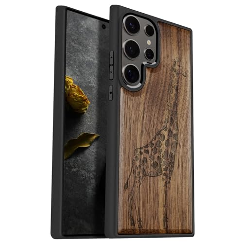 Carveit Hülle für Galaxy S25 Ultra handyhülle aus Holz Cover, Stoßstange Stoßfeste Weich TPU Case, Handyhulle Kompatibel mit Samsung S25 Ultra Hulle（Nussbaum-Giraffe） von Carveit