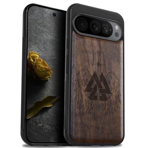 Carveit Hülle für Google Pixel 9 Pro handyhülle aus Holz Cover, Stoßstange Stoßfeste Weich TPU Case, Handyhulle Kompatibel mit Pixel 9 Pro Hulle（Nussbaum-Valknut und Schwert） von Carveit