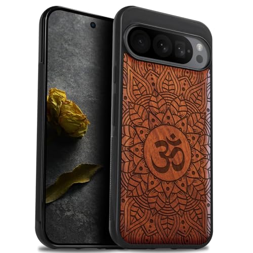 Carveit Hülle für Google Pixel 9 Pro handyhülle aus Holz Cover, Stoßstange Stoßfeste Weich TPU Case, Handyhulle Kompatibel mit Pixel 9 Pro Hulle（Rosig-Mandala om Design） von Carveit