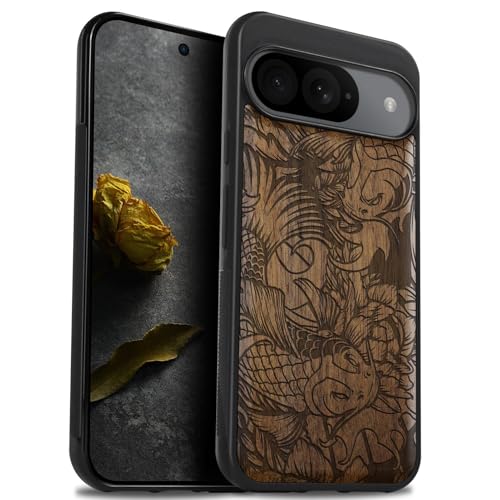 Carveit Hülle für Google Pixel 9 handyhülle aus Holz Cover, Stoßstange Stoßfeste Weich TPU Case, Handyhulle Kompatibel mit Pixel 9 Hulle（Nussbaum-Fließende Harmonie） von Carveit