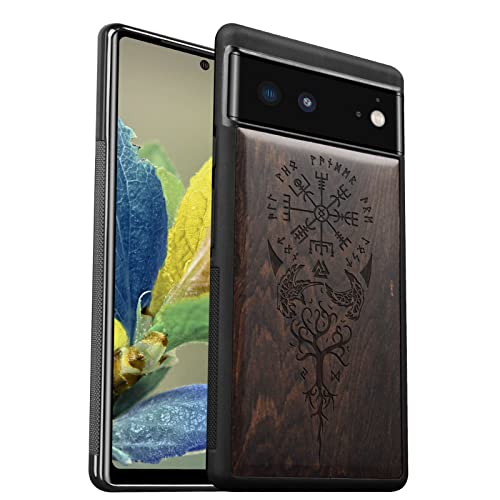 Carveit Hülle für Pixel 6 Case [Holz und TPU Silikon Hybrid Handyhülle] Stoßfeste Stoßstange handyhülle Kompatibel mit Google Pixel 6 Holz Cover（Schwarzholz-Wikingerkompass Vegvisir） von Carveit