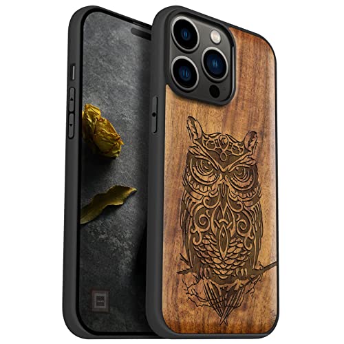 Carveit Magnetisch Hülle für iPhone 14 Pro Max Case [Elegante Nussbaum] [Weich TPU Stoßstange] Stoßfeste Handyhülle Kompatibel Magsafe mit 14 pro max Hülle Holz（Eule sitzt auf AST） von Carveit