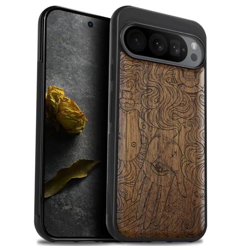 Carveit Natürlich Holz Handyhülle für Pixel 9 Pro hulle [Einzigartiges Design Cover] Stoßstange Case Kompatibel mit Google Pixel 9 Pro Hülle（Nussbaum-Handlesekunst） von Carveit