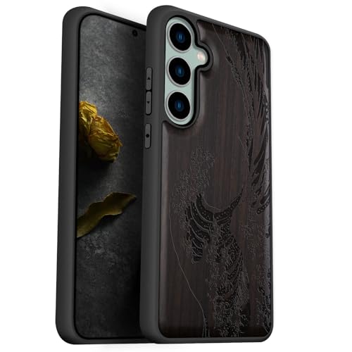 Carveit Natürlich Holz Handyhülle für Samsung S23 FE hulle [Einzigartiges Design Cover] Stoßstange Case Kompatibel mit Galaxy S23 FE Hülle（Dunklesholz-Die große Welle vor Kanagawa） von Carveit