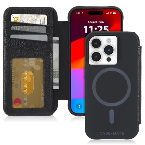 Case-Mate Wallet Echtleder Bookcase kompatibel mit Apple iPhone 15 Pro Hülle Leder (3 m Fallschutz, Integrierter Mag-Safe-Ring, inkl. Geld- und Kartenfächer, Handgefertigtes Leder) - Schwarz von Case-Mate