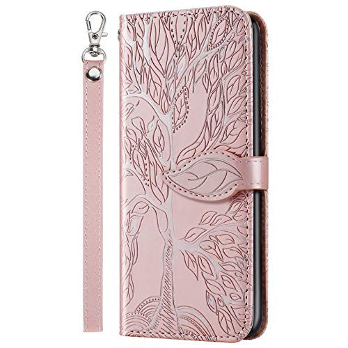 CaseFun xiaomi Poco x3 NFC Hülle, Poco x3 Brieftasche Hülle, Poco x3 NFC Smartphone Life Tree Höhlenmuster Leder Handyhülle Hülle mit Klappständer/Magnetverschluss und Karten Tasche Roségold von CaseFun