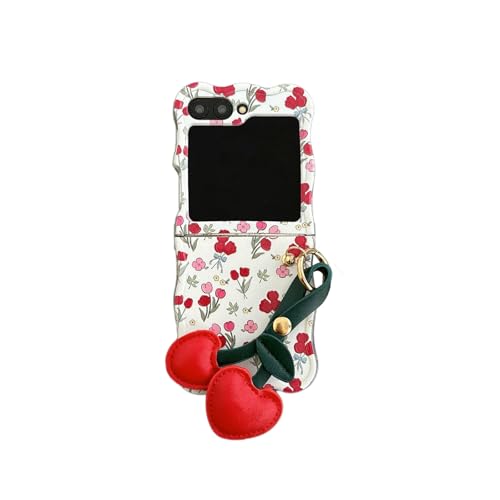 CaseGame Blumen Hülle Kompatibel mit Samsung Galaxy Z Flip 5 Curly Wave Rahmen mit Kette, Niedliches Cartoon-Blumenmuster, stoßfeste Schutzhülle für Frauen von CaseGame