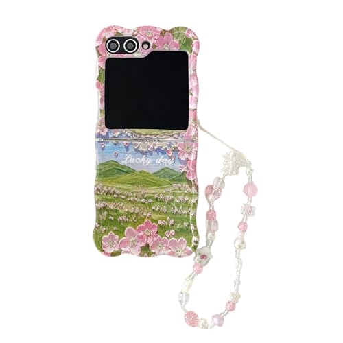 CaseGame Blumen Hülle kompatibel mit Samsung Galaxy Z Flip 3 Curly Wave Rahmen mit Kette, süßes Cartoon-Ölgemälde Blumenmuster stoßfeste Schutzhülle für Frauen von CaseGame