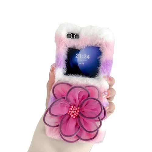 CaseGame Blumen-Hülle kompatibel mit Samsung Galaxy Z Flip 6, niedlicher Cartoon-Plüsch, pelzig, Winter, warm, weich, Schutzhülle für Männer und Frauen von CaseGame