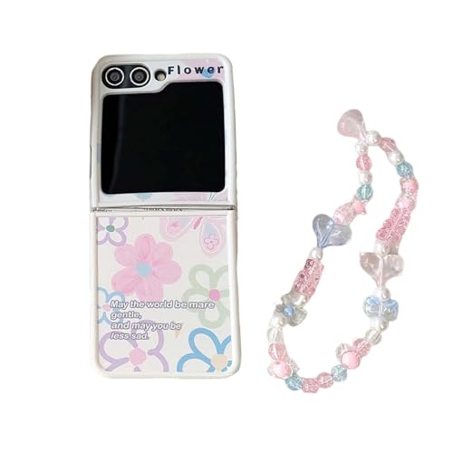 CaseGame Blumen-Schutzhülle kompatibel mit Samsung Galaxy Z Flip 5 mit Kette, niedliches Cartoon-Blumenmuster, stoßfest, faltbar, für Z Flip 5 für Frauen von CaseGame