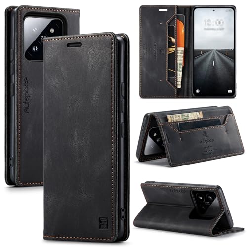 CaseGame Handyhülle Kompatibel mit Xiaomi 14 Pro mit Kartenfach, Premium Weiches Leder Magnetverschluss, Stoßfeste Schutzhülle mit Standfunktion für Männer Frauen Schwarz von CaseGame