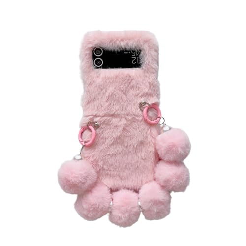 CaseGame Plüsch Hülle Kompatibel mit Samsung Galaxy Z Flip 4 mit Kette, Niedliche Cartoon Pelzige Winter Warme Weiche Schutzhülle für Männer Frauen Rosa von CaseGame