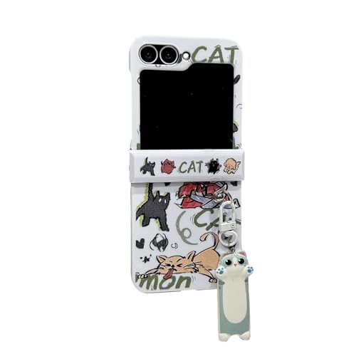 CaseGame Schutzhülle kompatibel mit Samsung Galaxy Z Flip 5 mit Scharnierschutz & Anhänger, niedliche Cartoon-lustige Katze, Tier, stoßfeste Schutzhülle für Z Flip 5, für Männer und Frauen von CaseGame