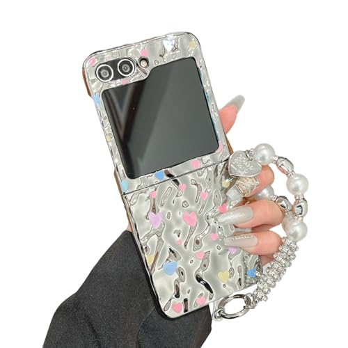 Glitzer-Hülle kompatibel mit Samsung Galaxy Z Flip 5 mit Kette, niedliches Herz-Design, glänzendes Wasserwellen-Design, galvanisierte Schutzhülle für Z Flip 5 für Frauen von CaseGame