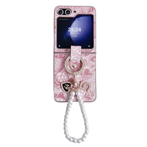 Lederhülle kompatibel mit Samsung Galaxy Z Flip 4 Hülle mit Ring und Kette, Frauen Elegant Luxus Stil Stickerei Muster Stoßfest Hülle für Z Flip 4 Rosa von CaseGame