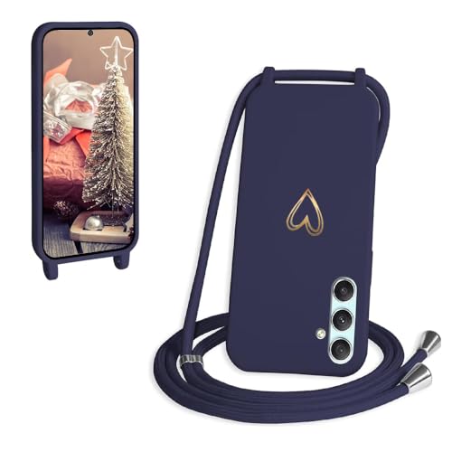 CaseLover Handykette für Samsung Galaxy A55 5G Hülle mit Band, Herz Muster Silikon Necklace Handyhülle mit Abnehmbar Kordel zum Umhängen Stossfest Bumper Handy Schutzhülle für Samsung A55, Navy Blau von CaseLover