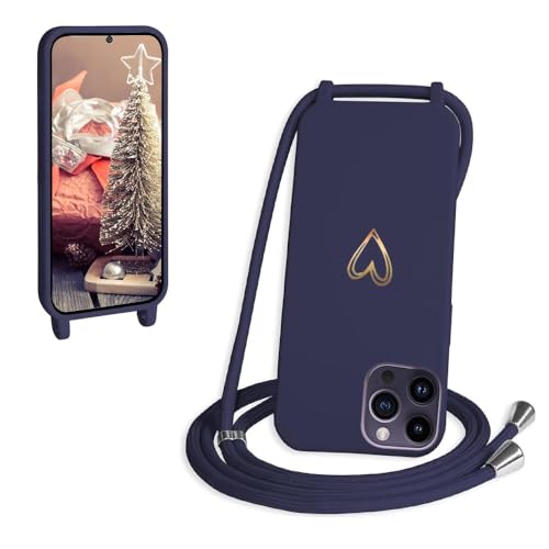 CaseLover Handykette kompatibel mit iPhone 16 Pro Max Hülle mit Band, Herz Muster Silikon Necklace Handyhülle mit Abnehmbar Kordel zum Umhängen Stossfest Bumper Handy Schutzhülle Case, Navy Blau von CaseLover