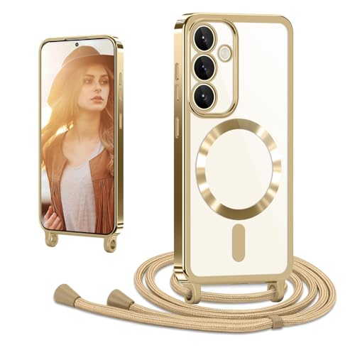 CaseLover Magnetische Handykette für Samsung Galaxy A55 5G Hülle mit Band, Klare Silikon Handyhülle mit Kordel zum Umhängen Stossfest Kameraschutz Bumper Schutzhülle Case für Samsung A55 5G, Gold von CaseLover