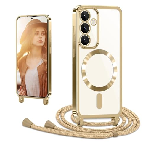 CaseLover Magnetische Handykette für Samsung Galaxy S25 5G Hülle mit Band, Klare Silikon Necklace Handyhülle mit Kordel zum Umhängen Stossfest mit Kameraschutz Bumper Handy Schutzhülle Case, Gold von CaseLover